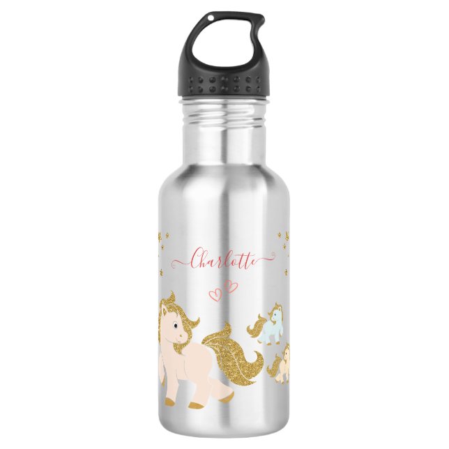 Pink Glitter Ponies with First Name Little Girl 532 Ml Water Bottle (Front)