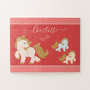 Pink Glitter Ponies with First Name Little Girl Jigsaw Puzzle