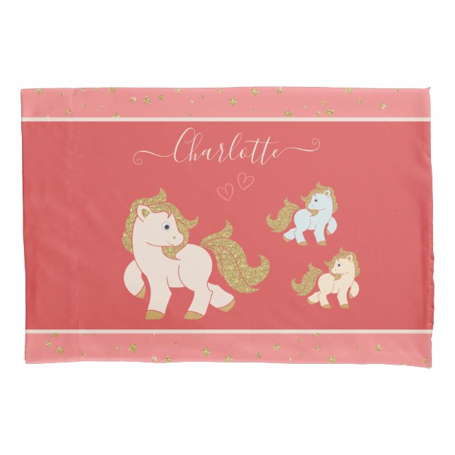 Pink Glitter Ponies with First Name Little Girl Pillowcase (Front)