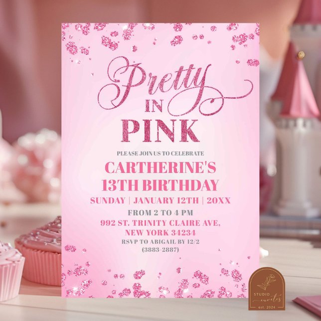 Pink Glitter Pretty in Pink Birthday Party Invitation (Creator Uploaded)