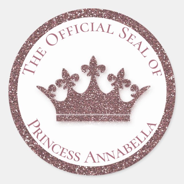 Pink Glitter Princess Crown Custom Name Classic Round Sticker (Front)
