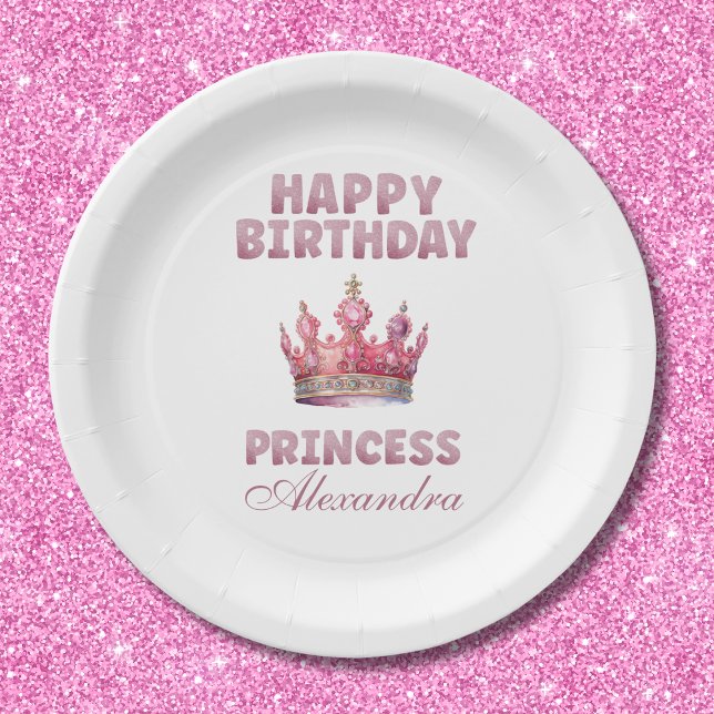 Pink Glitter Princess Crown Fairytale Birthday Paper Plate (Creator Uploaded)