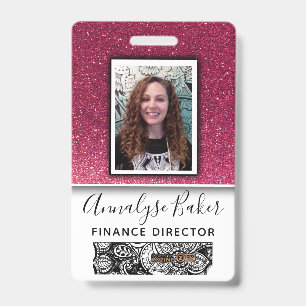 Pink Glitter Professional Employee Photo Name Badge