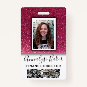 Pink Glitter Professional Employee Photo Name Badge
