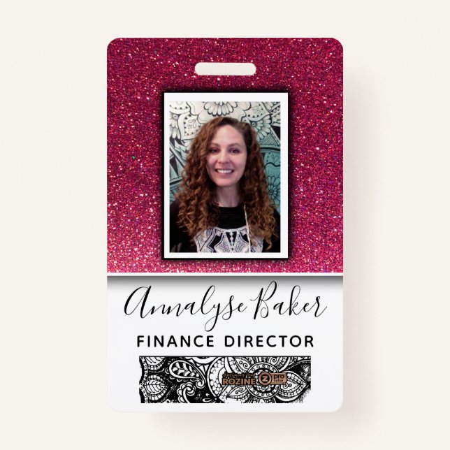 Pink Glitter Professional Employee Photo Name Badge (Front)