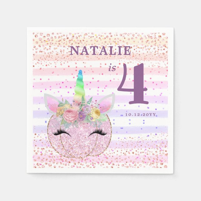 Pink Glitter Pumpkin Unicorn 4th Birthday Napkin (Front)