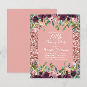 Pink Glitter Purple Floral 18th Birthday Card
