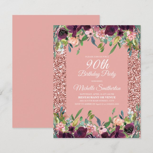 Pink Glitter Purple Floral 90th Birthday Card (Front/Back)