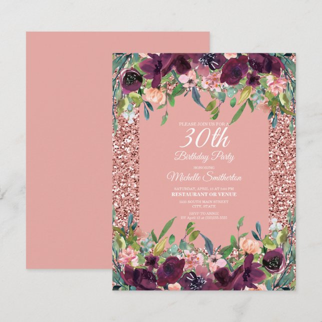Pink Glitter Purple Floral Women's 30th Birthday Card (Front/Back)