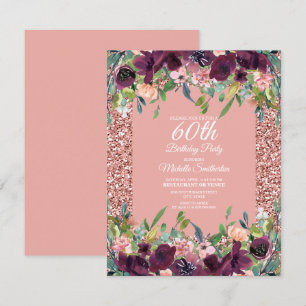 Pink Glitter Purple Floral Women's 60th Birthday Card