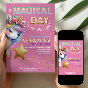Pink Glitter rainbow unicorn 4th birthday  Invitation