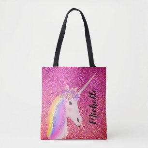Pink Glitter Rainbow Unicorn Personalized Girls Tote Bag