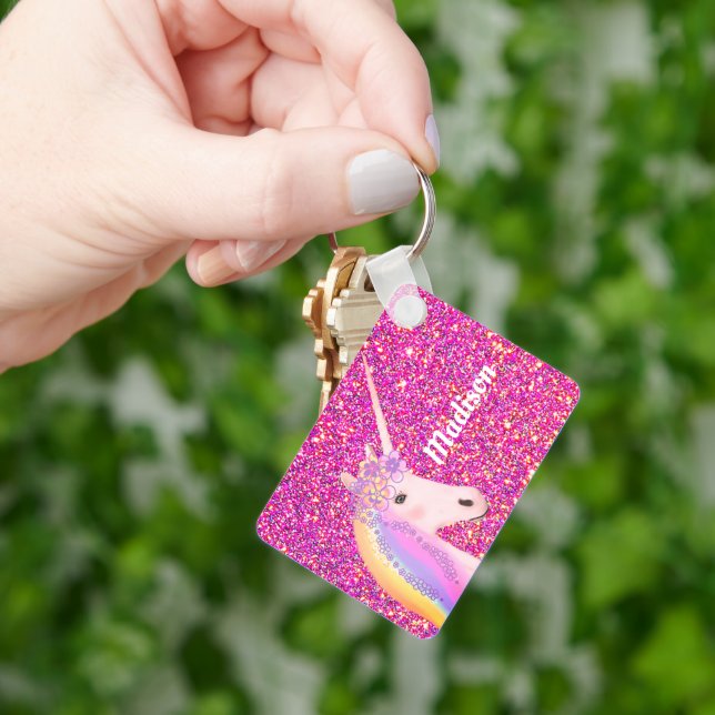 Pink Glitter Rainbow Unicorn Personalized Keychain (Hand)