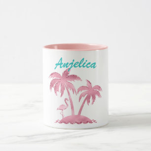 Pink Glitter Retro Flamingo and Palm Trees Mug