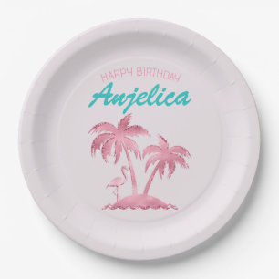 Pink Glitter Retro Flamingo and Palm Trees Paper Plate