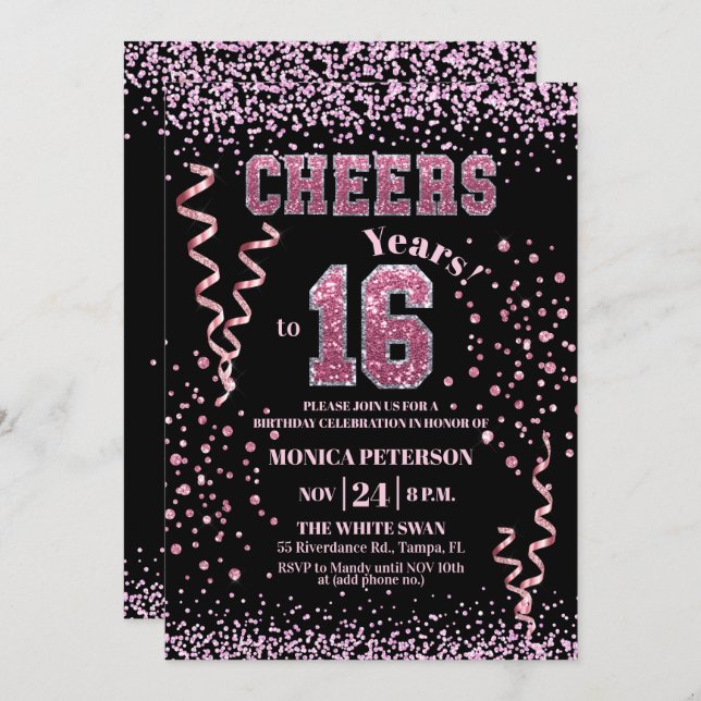 Pink Glitter Rhinestones 16th Birthday Party  Invitation (Front/Back)