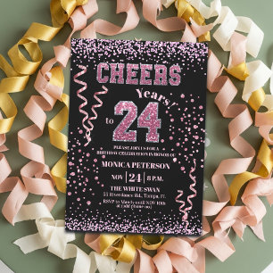 Pink Glitter Rhinestones 24th Birthday Party  Invitation