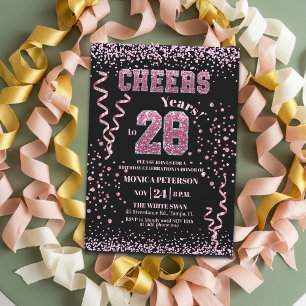 Pink Glitter Rhinestones 28th Birthday Party  Invitation