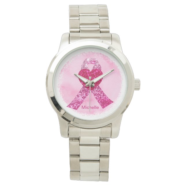 Pink Glitter Ribbon Breast Cancer Personalizd Watch (Front)