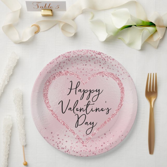 Pink Glitter Romantic Script Valentine's Day Paper Plate (Wedding)