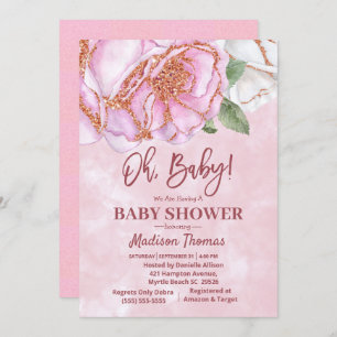 Pink Glitter Rose Girls Baby Shower Invitation