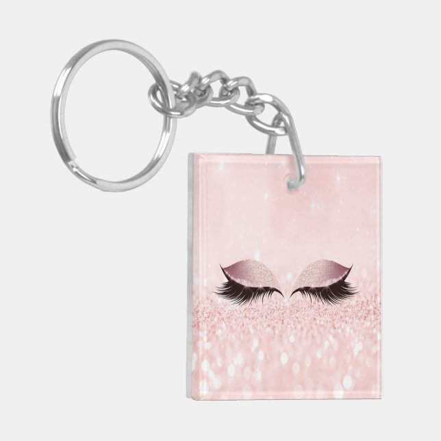 Pink Glitter Rose Girly Makeup Lashes Name Eyes Keychain (Front Left)