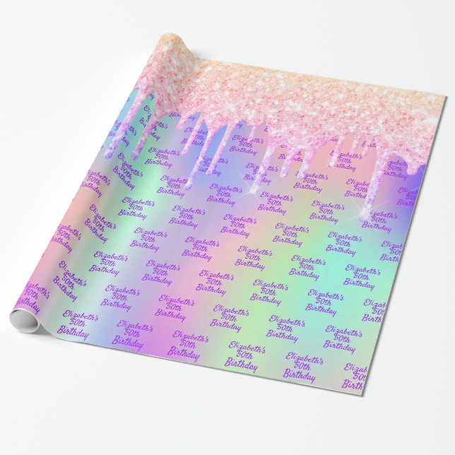 Pink glitter rose gold iridescent name birthday wrapping paper (Unrolled)