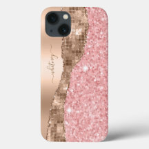 Pink Glitter Rose Gold Marble Girly Monogram