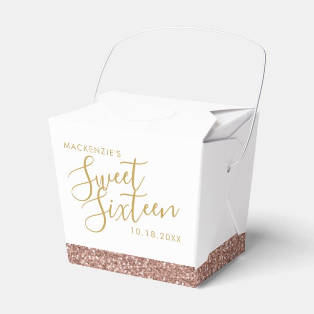 Pink Glitter Rose Gold Sweet 16 Name Mini Takeout Favor Box (Front Side)