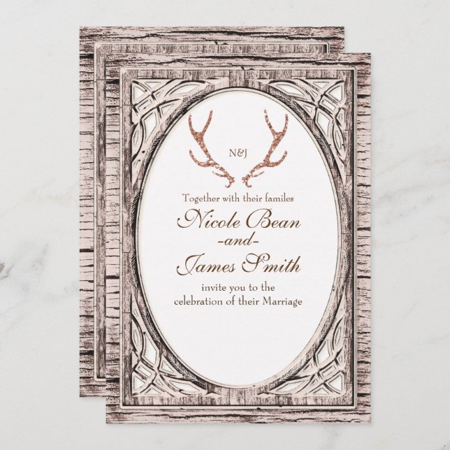 Pink Glitter Rustic Antlers White Wood Invitation (Front/Back)