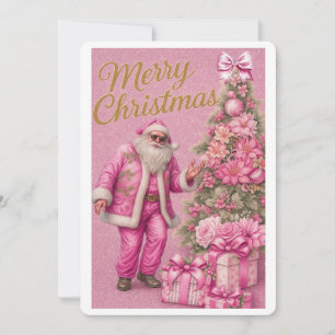 Pink Glitter Santa & Christmas Tree Holiday Card
