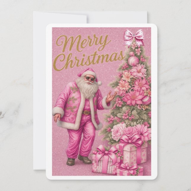 Pink Glitter Santa & Christmas Tree Holiday Card (Front)