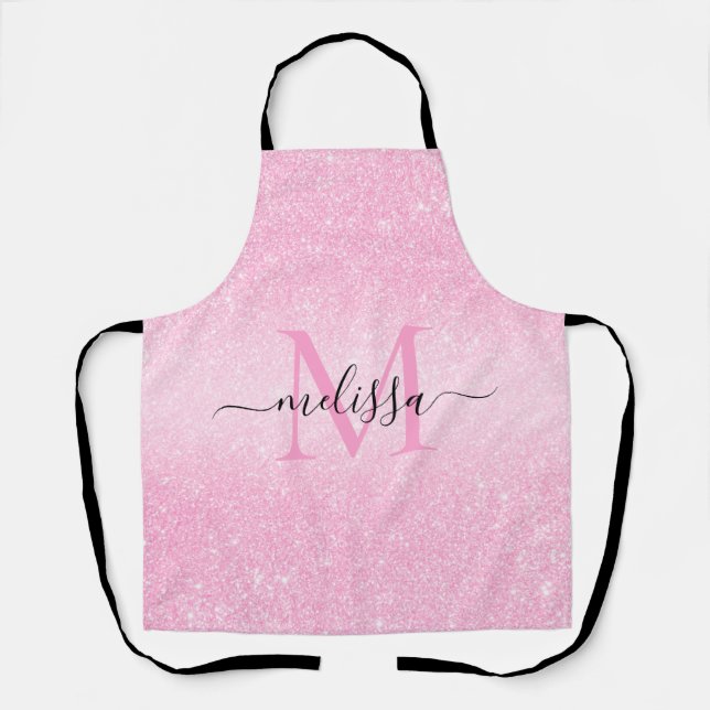 Pink Glitter Script Name Monogram Apron (Front)