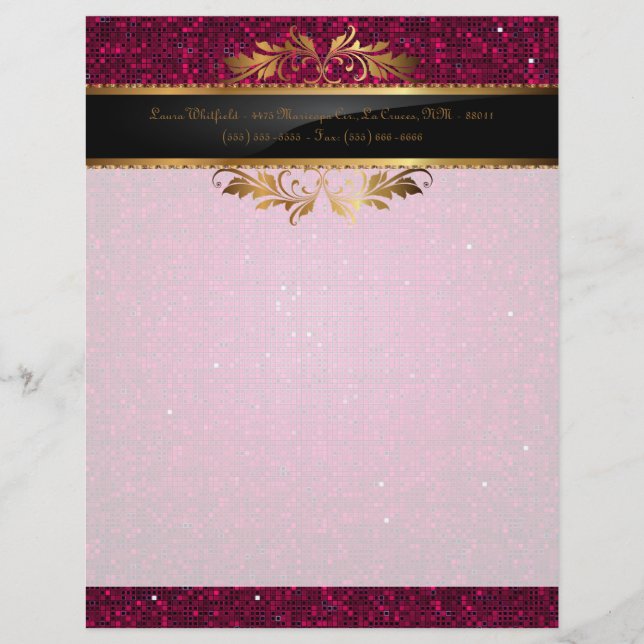 Pink Glitter Sequin Disco Letterhead Stationery (Front)