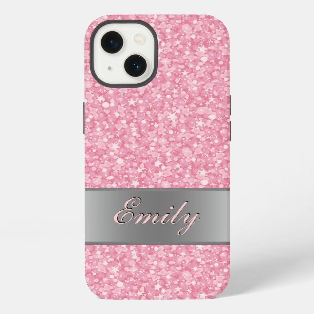 Pink Glitter Silver Gradient Accents Monogram iPhone Case (Back)