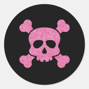 Pink Glitter Skull and Crossbones on Black Classic Round Sticker