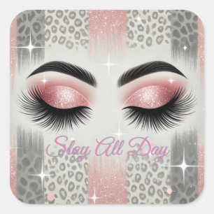 Pink Glitter "Slay All Day" Eyelash Square Sticker