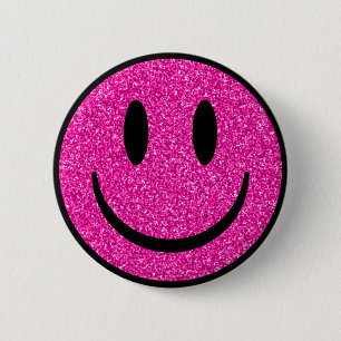 Pink Glitter Smile Face 2 Inch Round Button