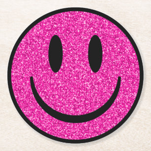 Pink Glitter Smile Face Round Paper Coaster