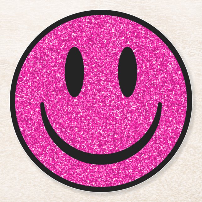 Pink Glitter Smile Face Round Paper Coaster (Front)