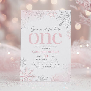 Pink Glitter Snowflake 1st Birthday Invitation