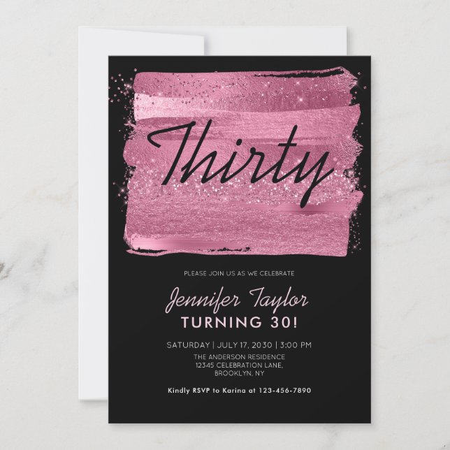 Pink Glitter Sparkle Brush Black 30th Birthday Invitation (Front)