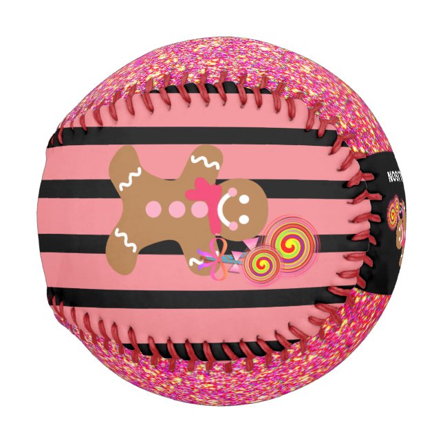 Pink Glitter Sparkle Gingerbread Girl Personalized Baseball (Back Left)