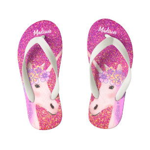 Pink Glitter Sparkle Unicorn Girls Personalized Kid's Flip Flops