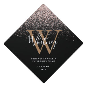 Pink Glitter Sparkles Elegant Script Monogram Graduation Cap Topper