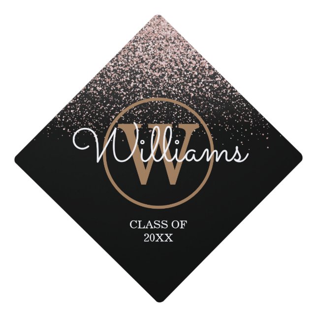 Pink Glitter Sparkles Monogram Script Name Graduation Cap Topper (Front)
