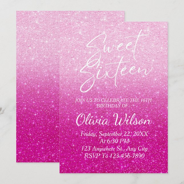 Pink Glitter Sparkles Ombre Sweet 16  Invitation (Front/Back)
