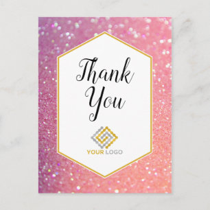 Pink Glitter Sparkles Thank You Logo Business Postcard