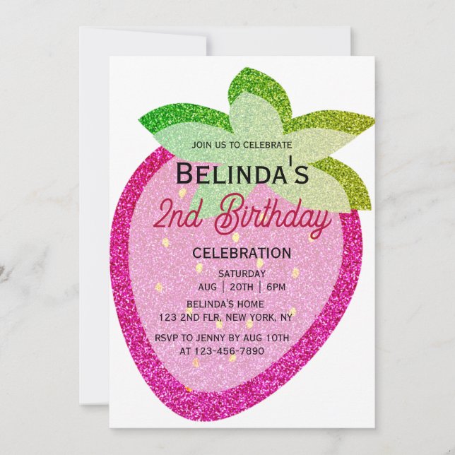 Pink Glitter Sparkling Y2K Strawberry 2nd Birthday Invitation (Front)