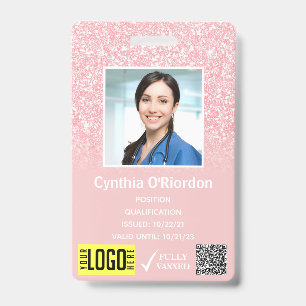 Pink Glitter Staff Photo ID QR Barcode Badge